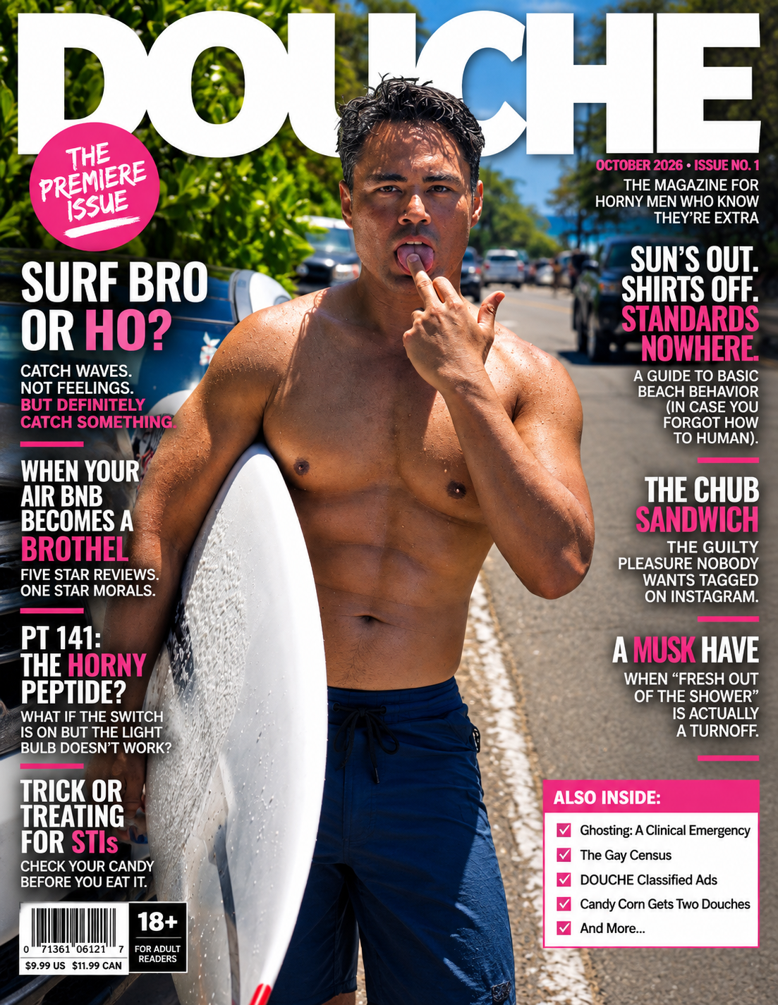 DOUCHE Magazine, October 2026 premiere issue cover featuring Surf Bro or Ho?